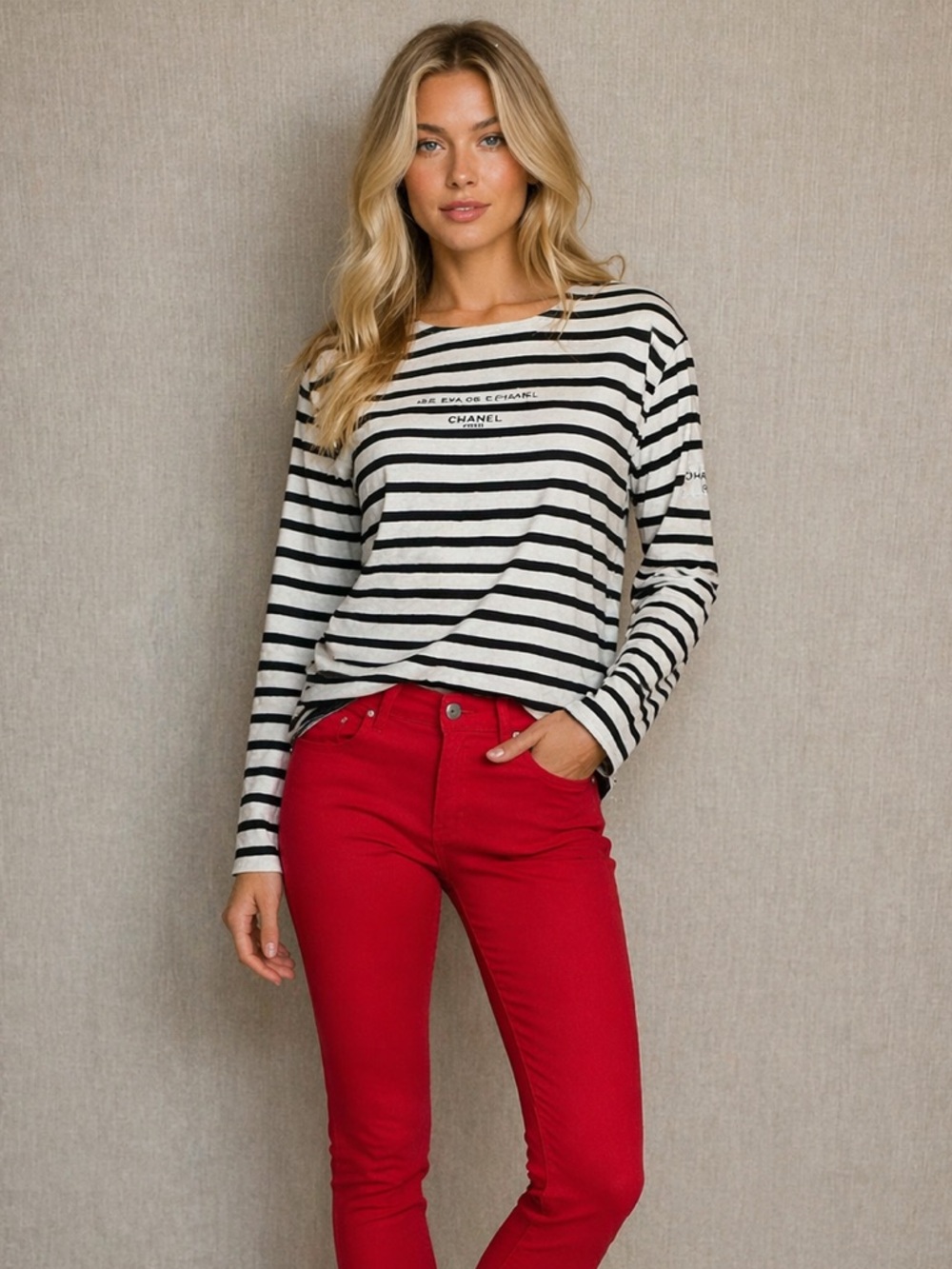 CHANEL Striped Long-Sleeve Crewneck Top - Black & White shirt